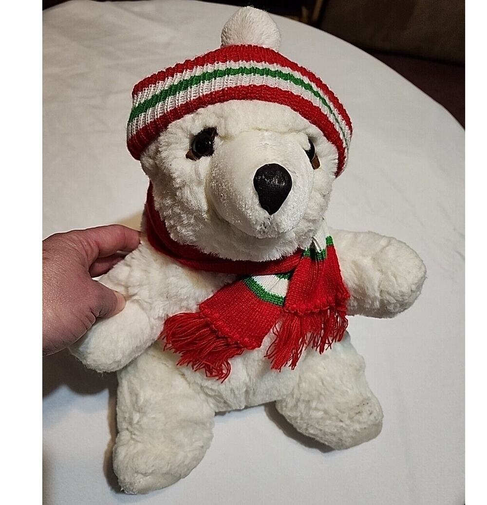 Plush Polar Bear Detachable Red Taboggan Scarf 14" White No Tag Details